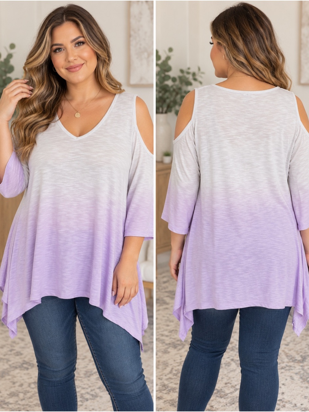 White Lavender Ombre Cold Shoulder Tunic Top XL